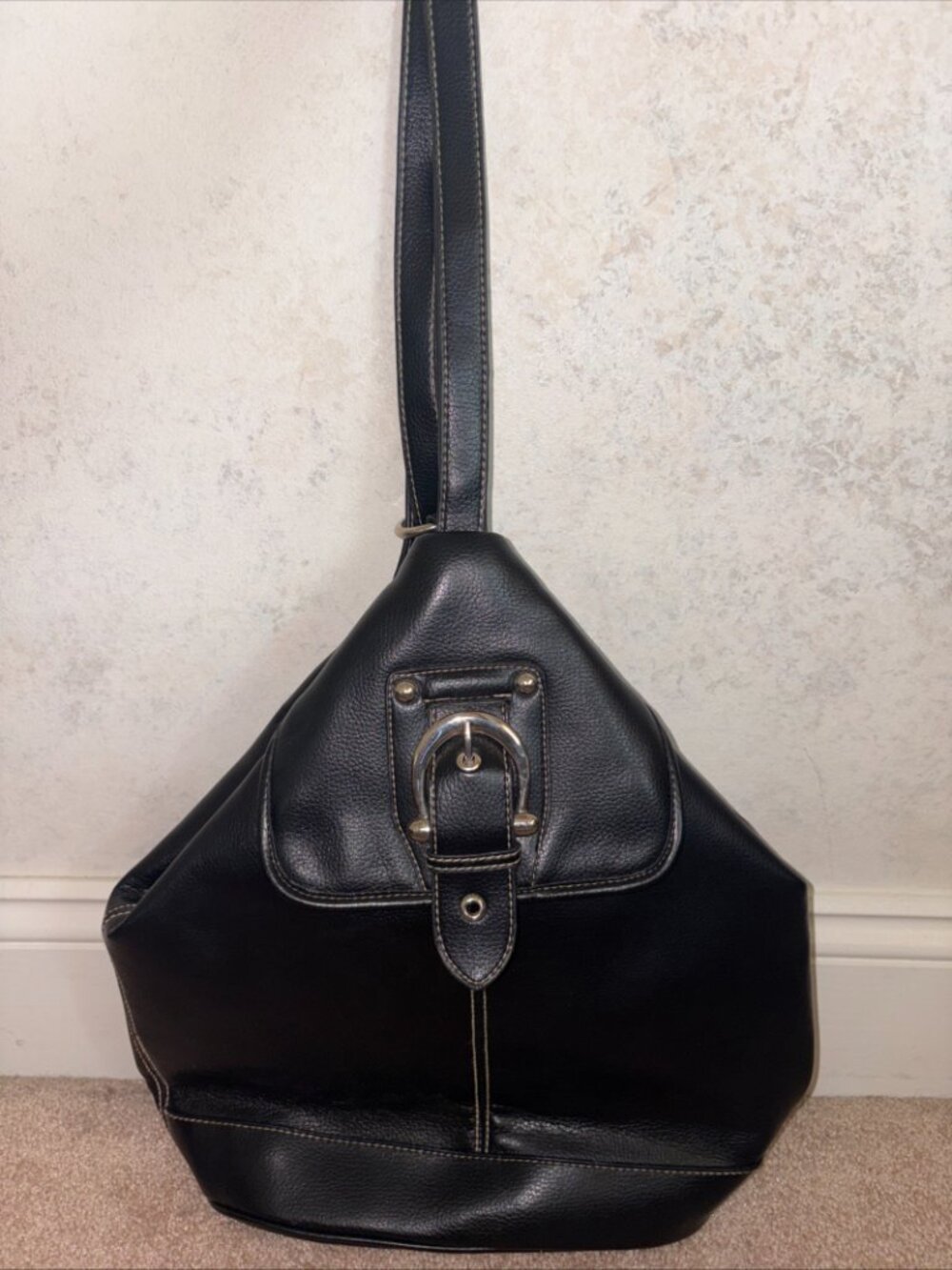 Small Black Duffel Backpack Bag Faux Leather Zip Close 13x13x5 Inches Silver HW